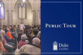 A docent standing at the head of church pews speaking to a seated group of visitors, alongside white text reading "Public Tour" and the Duke University Chapel logo on a navy blue background.